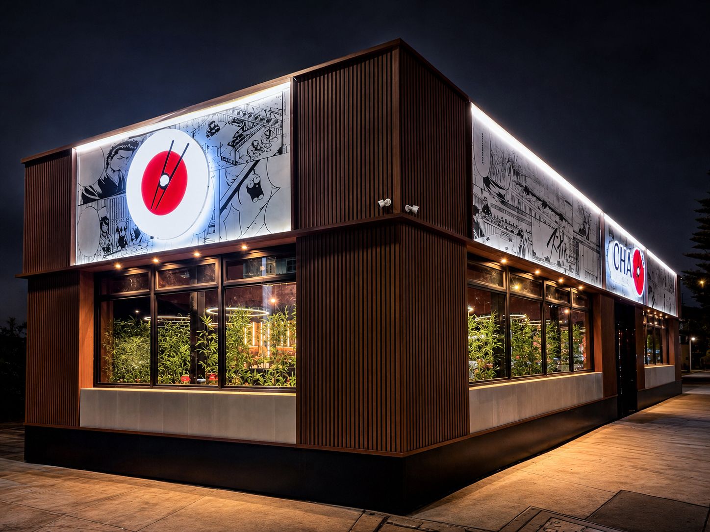 Fachada nocturna de OHASHI Pueblo Libre, proyecto de QUINCE.CINCO